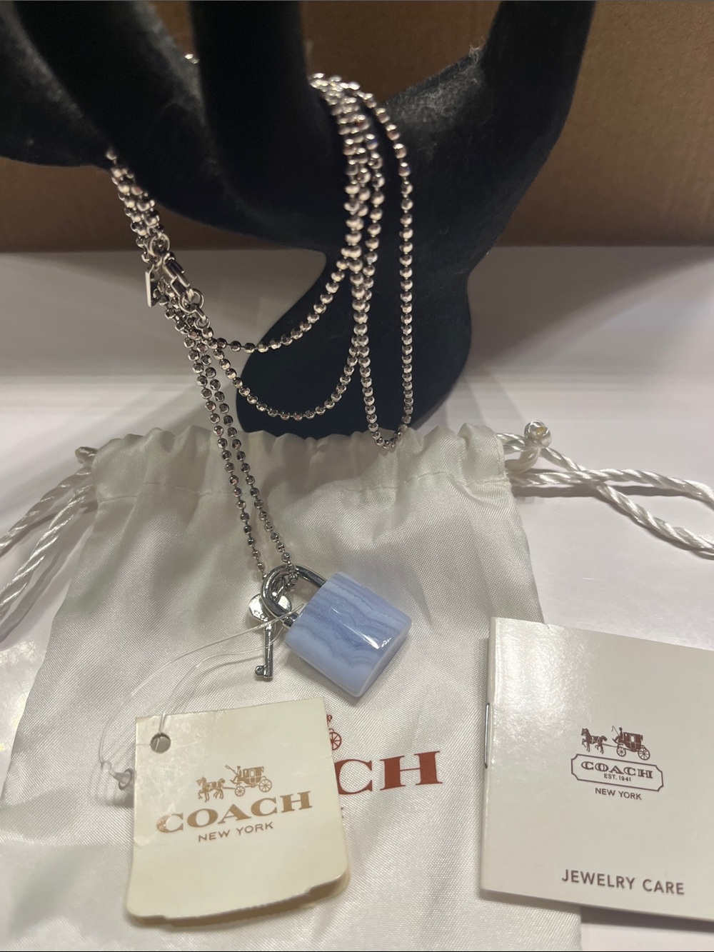 NWT Coach Silver Ball Chain Necklace with Light Blue Lock and KeyPendant